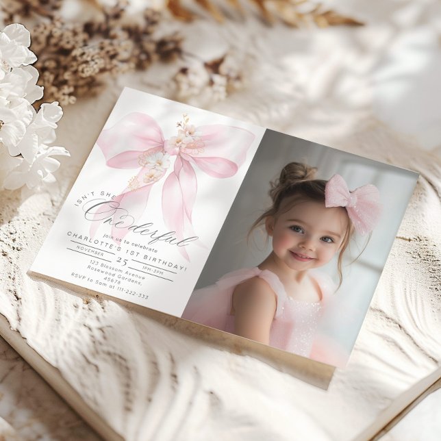 Invitation Pink Bow fille magnifique 1er anniversaire Photo (Créateur téléchargé)
