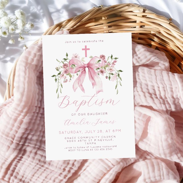 Invitation Pink Bow Floral Coquette Girl Baptism  (Créateur téléchargé)