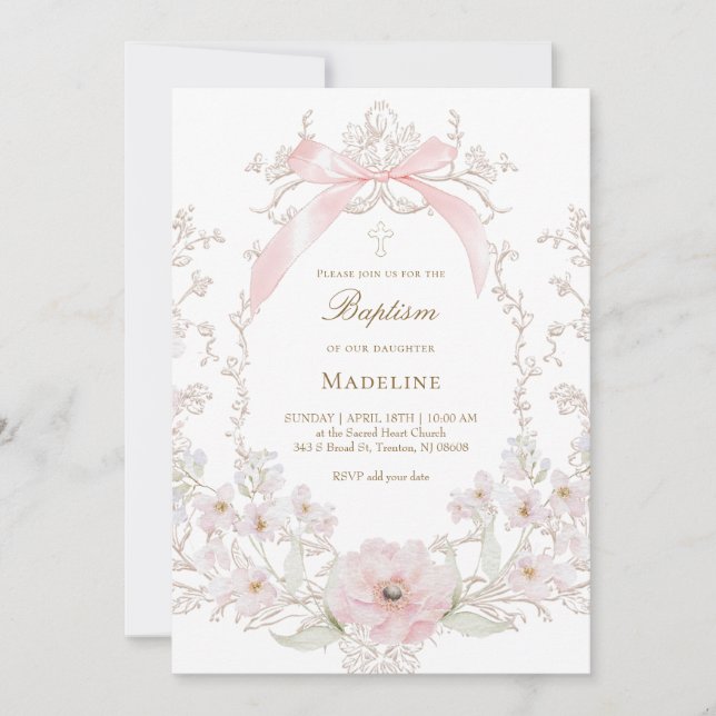 Invitation  pink bow flowers frame Baptism (Devant)