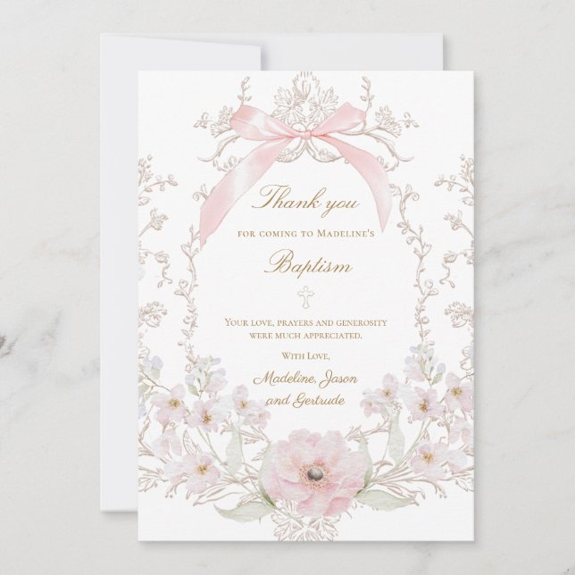 Invitation  pink bow flowers frame Thank you card (Devant)