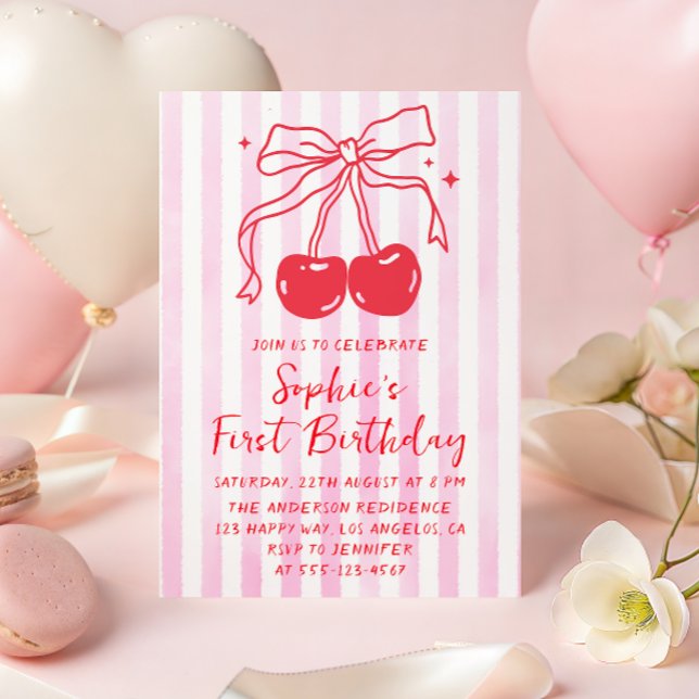 Invitation Pink Bow Fruit Sweet Cherry First Birthday (Créateur téléchargé)