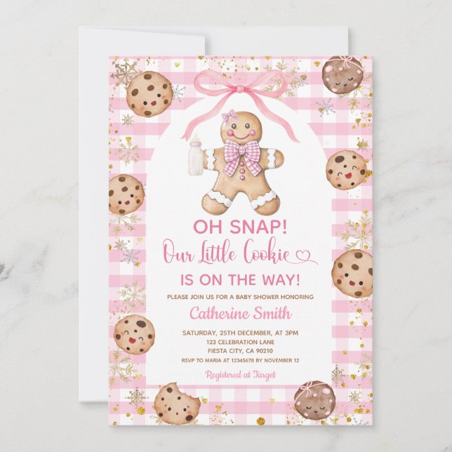 Invitation Pink Bow Gingerbread Christmas Baby Shower Gingham (Devant)