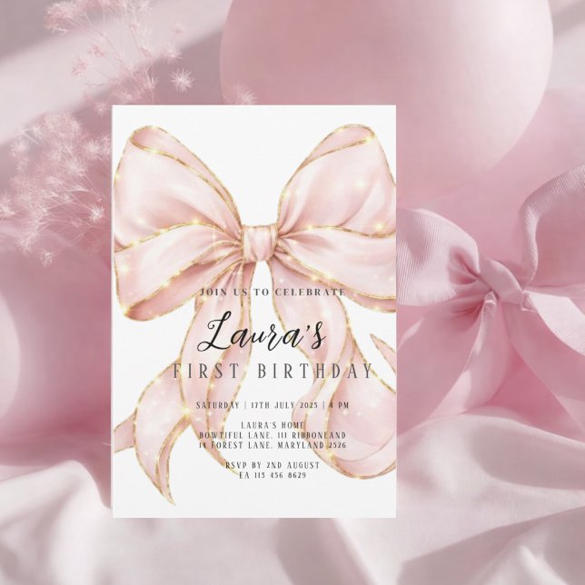 Invitation Pink Bow Girl First Birthday  (Créateur téléchargé)