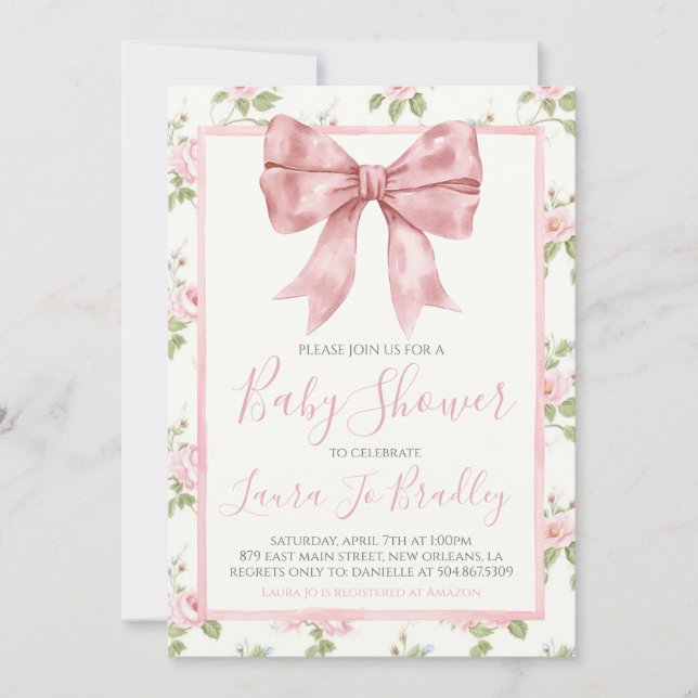 Invitation Pink Bow Girl Preppy Baby shower Sud (Devant)