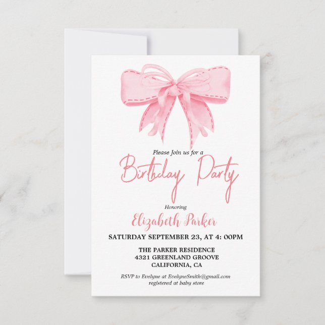 Invitation Pink Bow Girl Ribbon Birthday sprinkings (Devant)