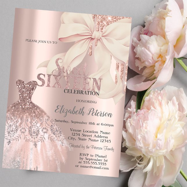 Invitation Pink Bow Glitter Drips,Dress Rose Gold Sweet 16 (Créateur téléchargé)