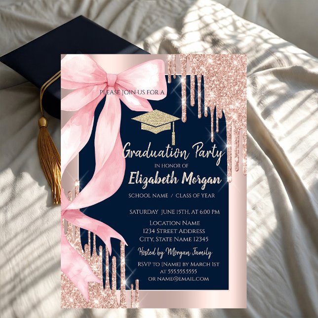 Invitation Pink Bow Glitter Grad Cap,Drips Photo Navy Blue   (Créateur téléchargé)
