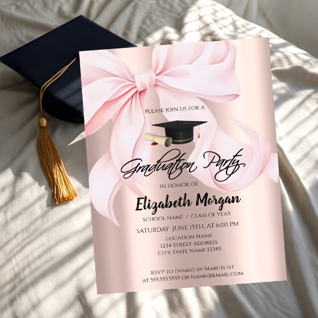 Invitation Pink Bow Grad Cap Rose Gold Your Photo Graduation (Créateur téléchargé)