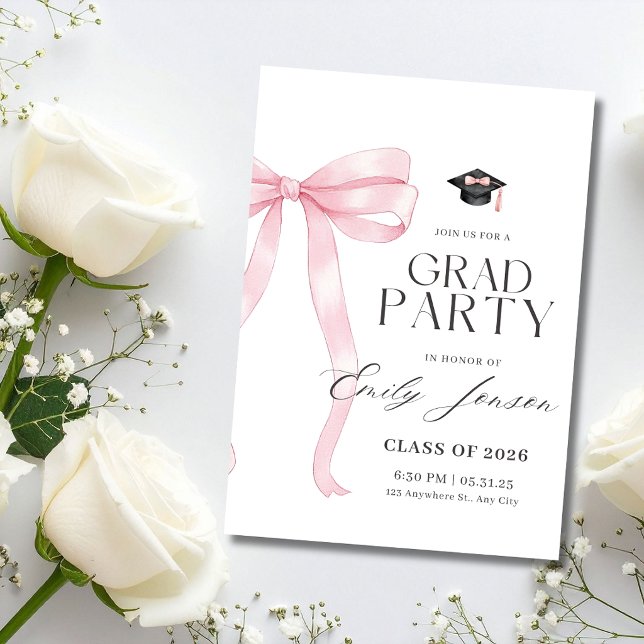 Invitation Pink Bow Graduation Party Coquette Modern Graduate (Créateur téléchargé)