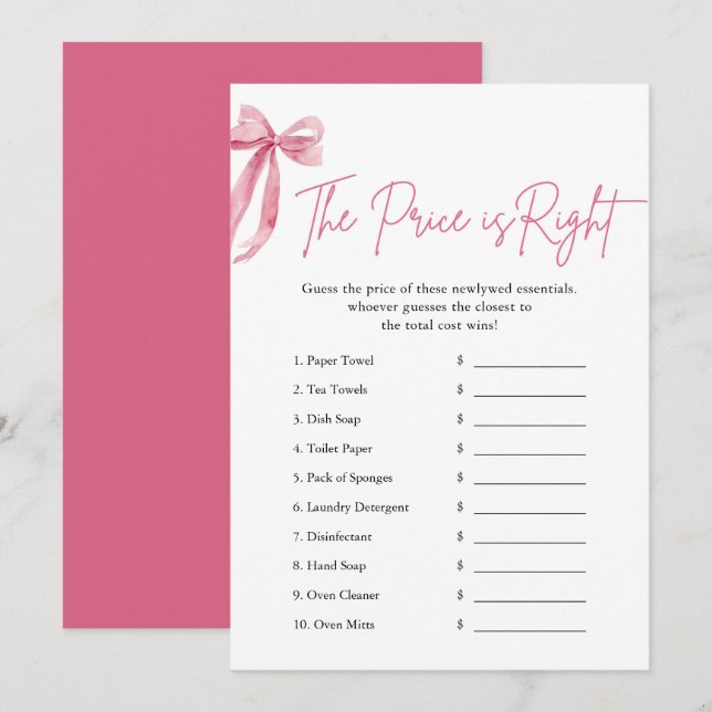 Invitation Pink Bow Le prix est la bonne Fête des mariées Jeu (Devant / Derrière)