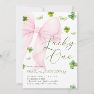 Invitation Pink Bow Lucky One Shamrock Clover 1st Birthday