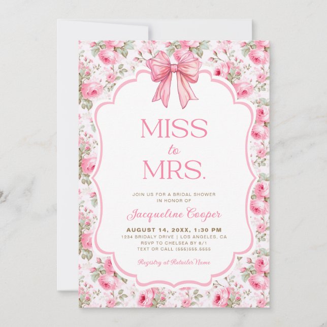 Invitation Pink Bow Miss à Mme Fête des mariées (Devant)
