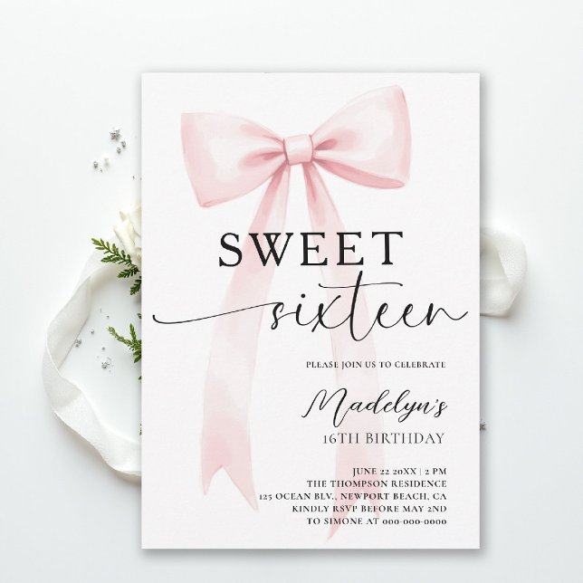 Invitation Pink Bow Modern Elegant Simple Chic Sweet 16 (sweet sixteen birthday party invitation pink bold bow simple classy script trendy fashion teen)