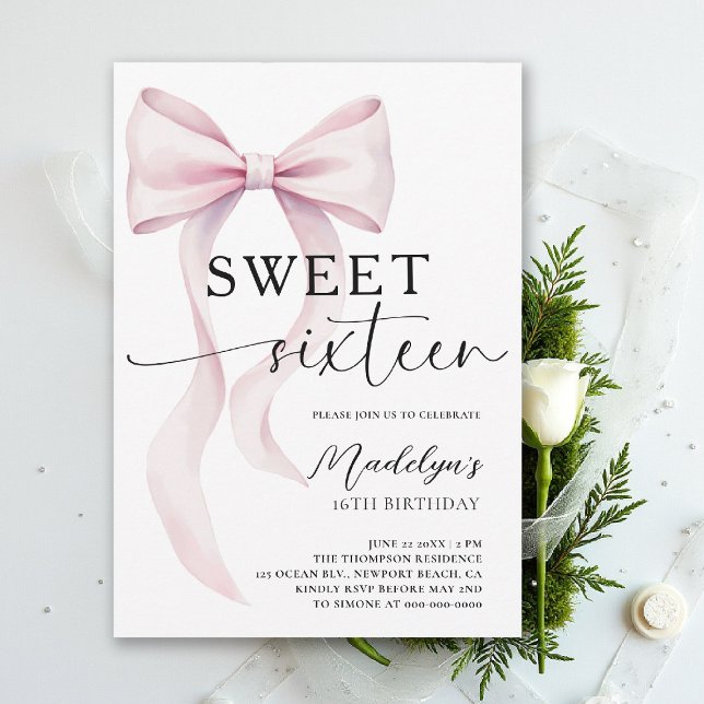Invitation Pink Bow Modern Elegant Simple Classy Sweet 16 (sweet sixteen birthday party invitation pink bow simple classy script trendy fashion teen)