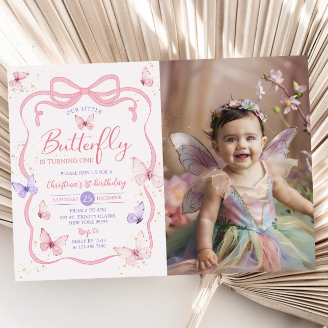 Invitation Pink Bow Notre Petit Papillon Photo Anniversaire (Créateur téléchargé)