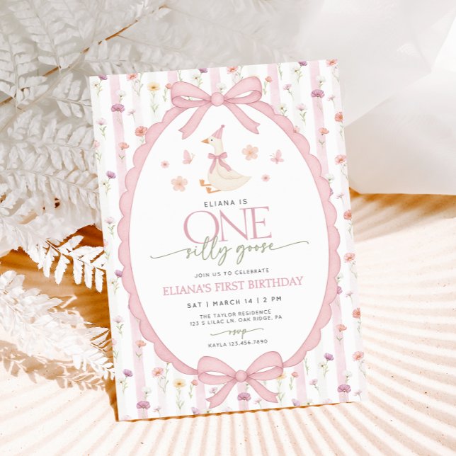 Invitation Pink Bow One Silly Goose Floral 1st Birthday (Créateur téléchargé)