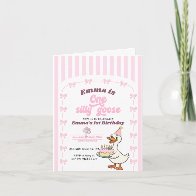 Invitation Pink Bow One Silly Goose Girl 1st Birthday Party  (Devant)