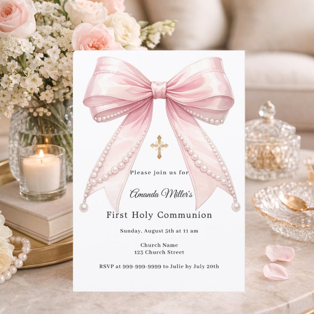 Invitation Pink bow pearls girl elegant First Communion (Créateur téléchargé)