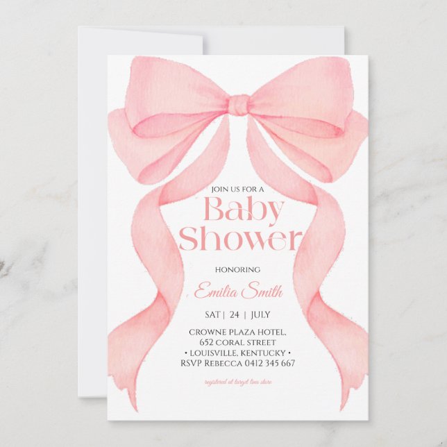 Invitation Pink bow ribbon baby shower  (Devant)