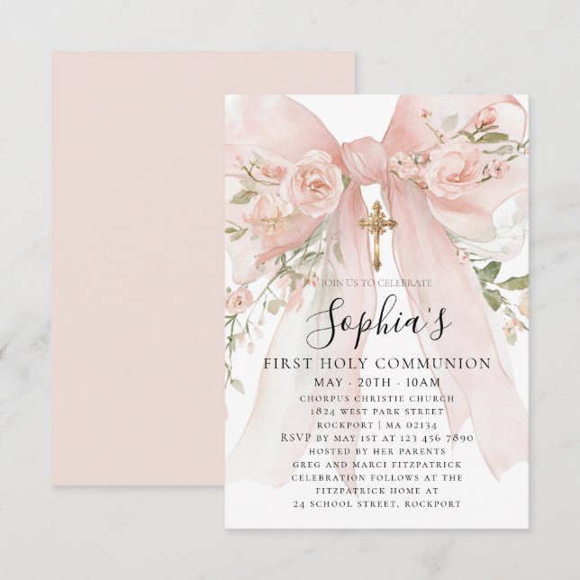 Invitation Pink Bow Rose Floral Girl First Communion Petite (Devant / Derrière)