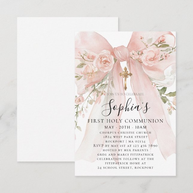 Invitation Pink Bow Rose Floral Girl First Communion Petite (Devant / Derrière)
