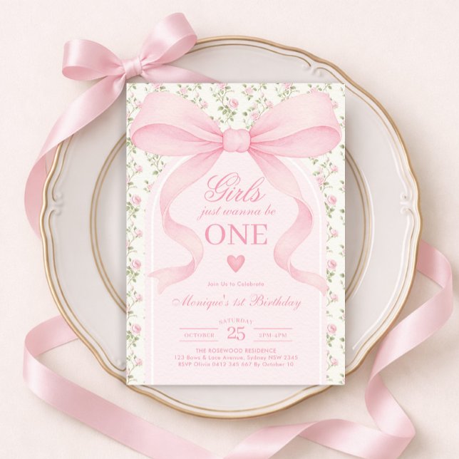 Invitation Pink Bow Rose Girls Just Wanna Be One 1st Birthday (Créateur téléchargé)