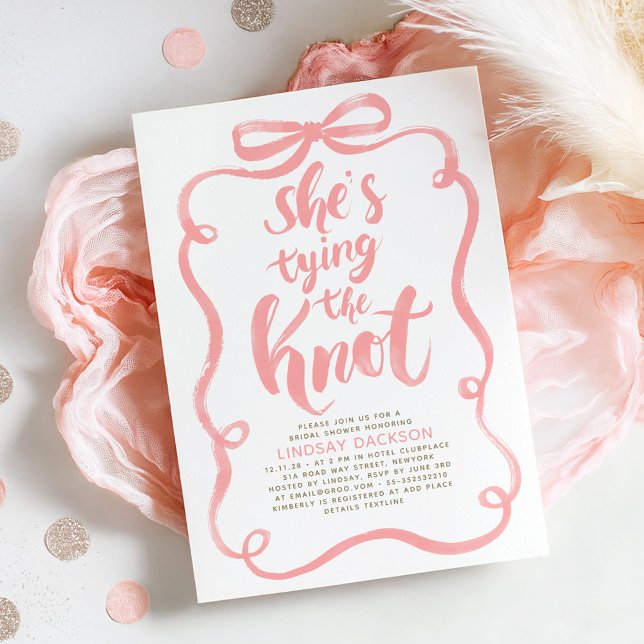 Invitation Pink Bow She's Tying The Knot Bridal Shower (Pink Bow She's Tying The Knot Whimsical Playful Fun Bridal Shower Invitation)