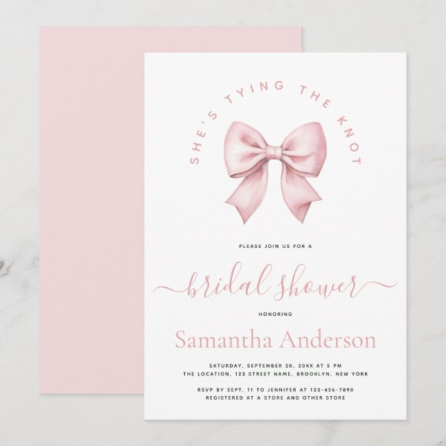Invitation Pink Bow She's Tying the Knot Bridal Shower (Devant / Derrière)