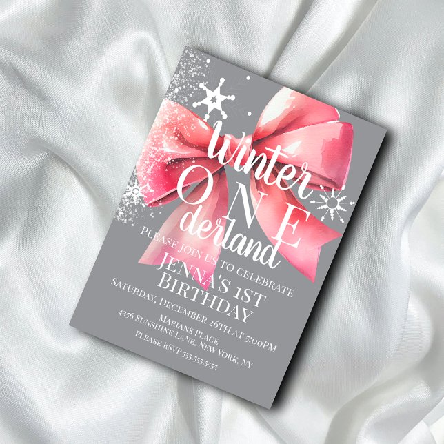 Invitation Pink Bow Snowflake Snow Script First Birthday B (Créateur téléchargé)