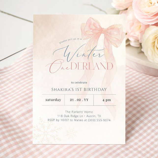 Invitation Pink Bow Snowflake Winter Onederland 1st Birthday (Créateur téléchargé)