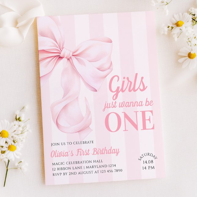 Invitation Pink Bow Stripes First Birthday (Créateur téléchargé)