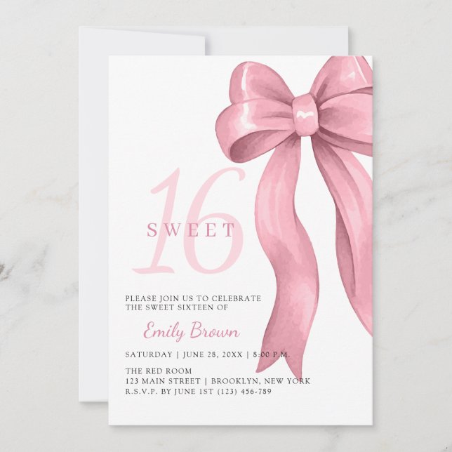 Invitation Pink Bow Sweet 16 Birthday (Devant)