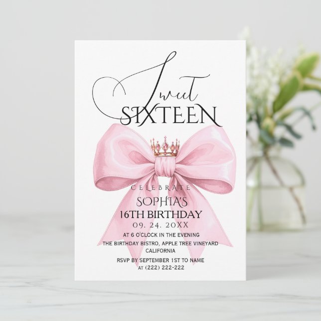 Invitation Pink Bow Sweet 16 Birthday Party (Debout devant)