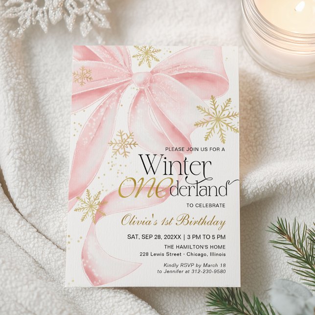 Invitation Pink Bow Winter Onederland 1st Birthday (Créateur téléchargé)