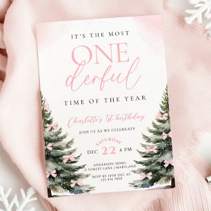 Invitation Pink Bow Winter Onerderland Girl 1er anniversaire