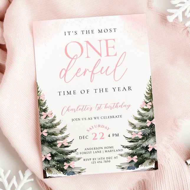 Invitation Pink Bow Winter Onerderland Girl 1er anniversaire (Créateur téléchargé)