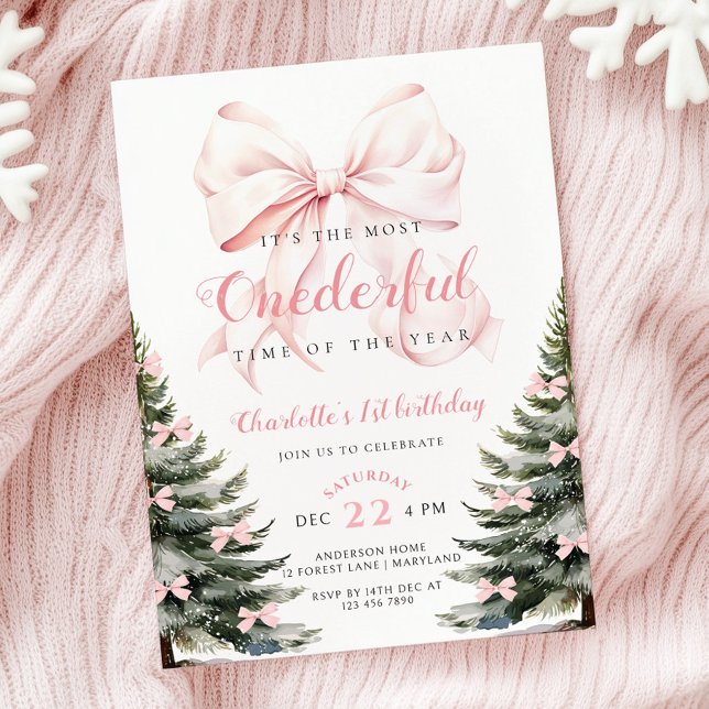 Invitation Pink Bow Winter Onerderland Girl 1er anniversaire (Créateur téléchargé)