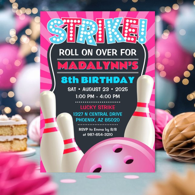 Invitation Pink Bowling Party filles Anniversaire (Girls Bowling Party Invitation)