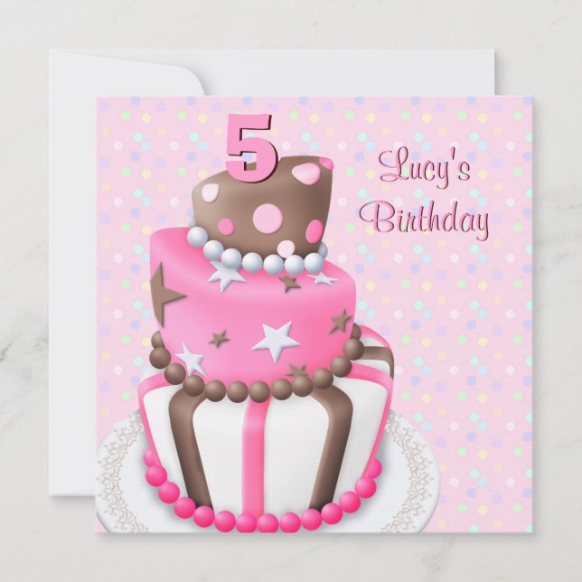 Invitation Pink Brown Cake Girls 5e fête anniversaire (Devant)