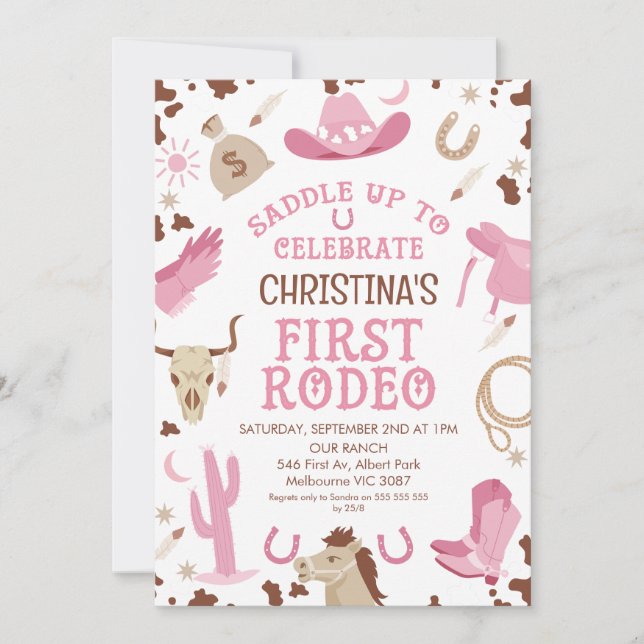 Invitation Pink Brown Girls Horse Premier Rodéo 1er Anniversa (Devant)