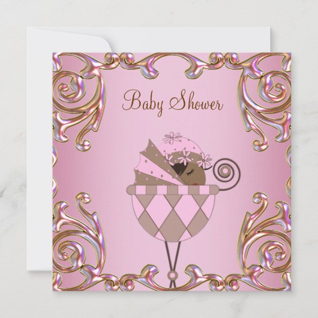 Invitation Pink Brown or dentelle bébé fille douche Invitatio (Devant)