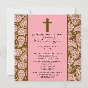 Invitation PINK & BROWN PAISLEY Baby Girl Baptisée Inviation