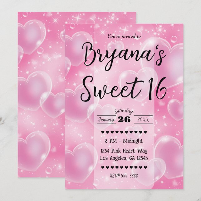 Invitation Pink Bubble Hearts mignon fille 90's Anniversaire  (Devant / Derrière)