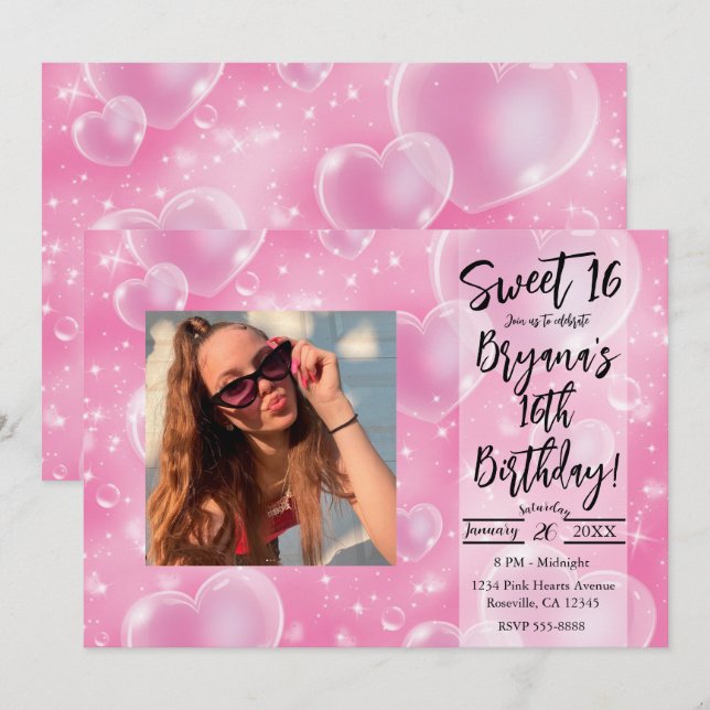 Invitation Pink Bubble Hearts mignon fille 90's Anniversaire  (Devant / Derrière)