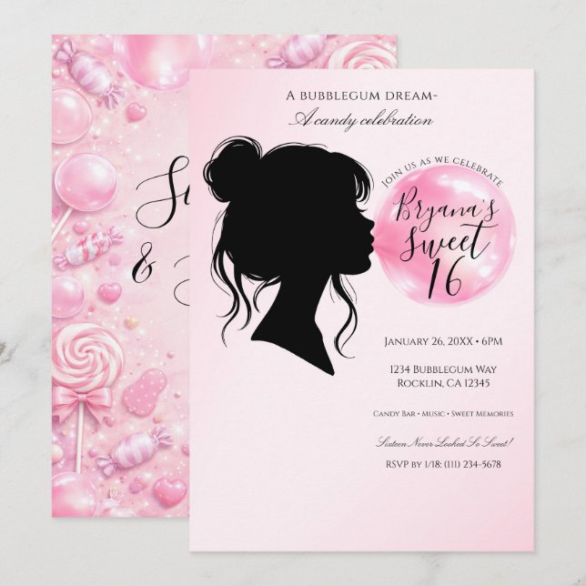 Invitation Pink Bubblegum Dream Candy Sweet 16 Celebration   (Devant / Derrière)
