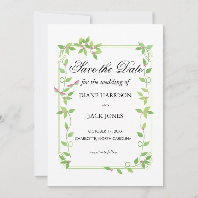 Invitation Pink Buds on Green Ivy Wedding Enregistrer La Date (Devant)