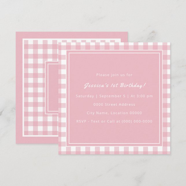 Invitation Pink Buffalo Plaid Monogramme fête d'anniversaire (Devant / Derrière)