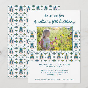 Invitation Pink Bugs Flower Motif Photo Anniversaire