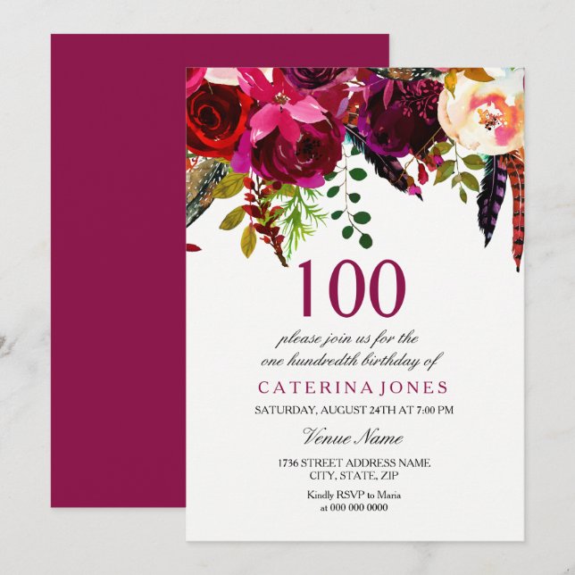 Invitation Pink & Burgundy Boho Floral 100e fête d'anniversai (Devant / Derrière)