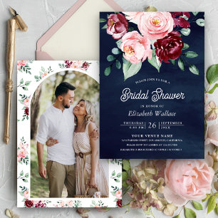 Invitation Pink Burgundy Floral Photo Marine Fête des mariées